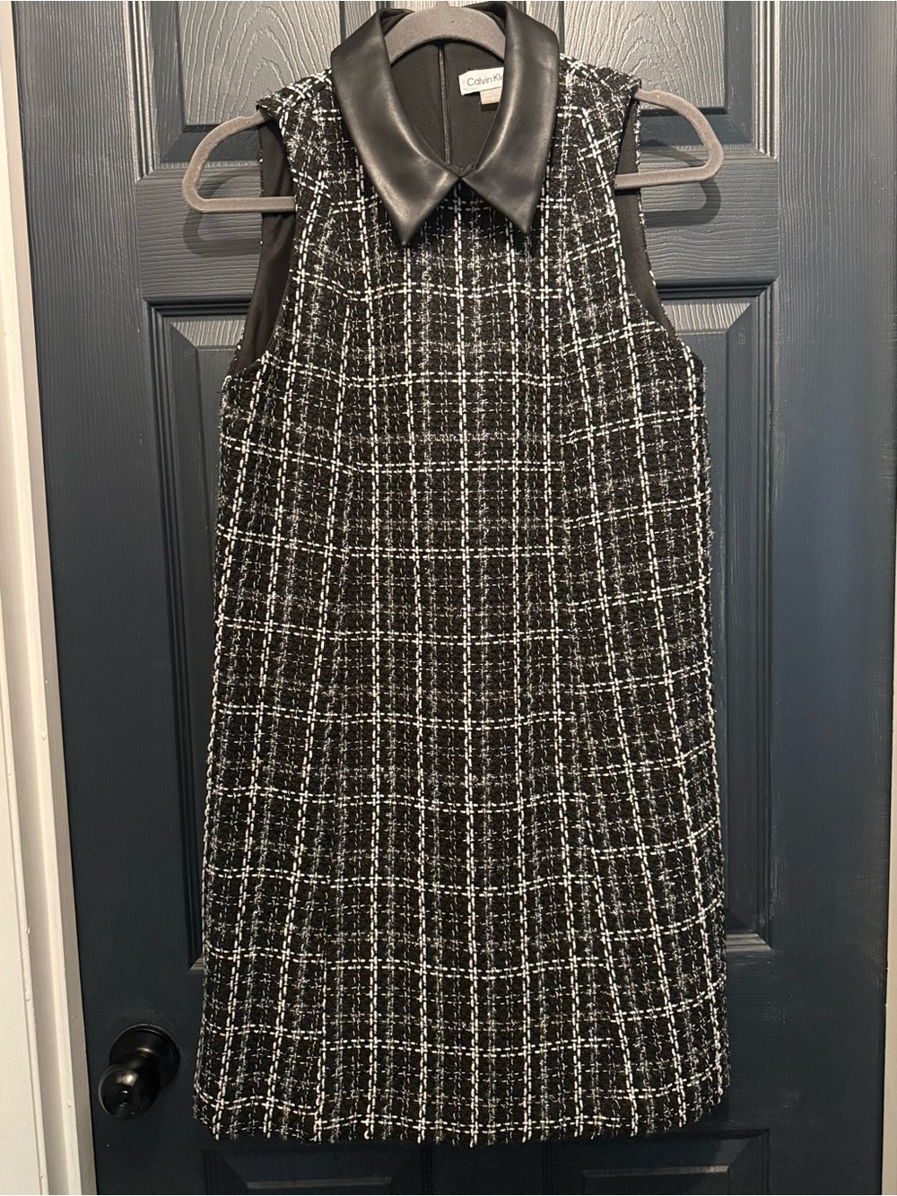 Calvin Klein Size 8 Tweed Shift Dress – Faux Leather Collar – Like New